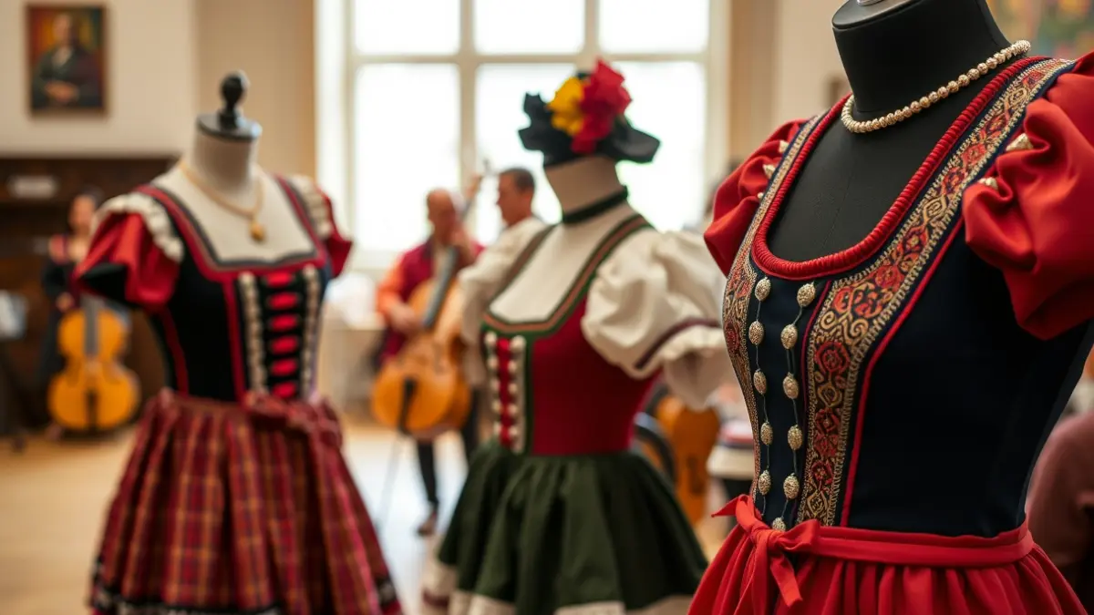 Traditional Basque dance costumes on display, with blurred musical instruments in the background.