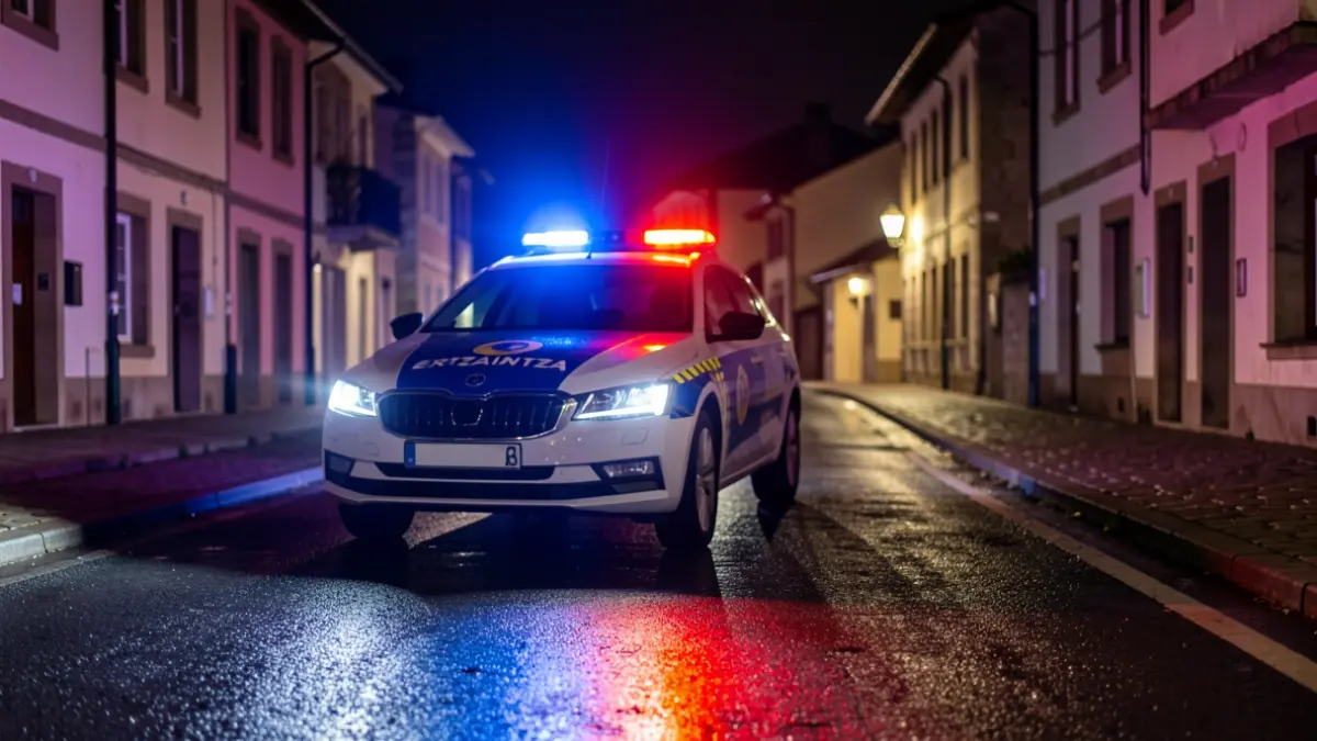 Generic image: Ertzaintza lights reflecting on wet asphalt at night.