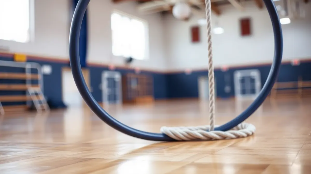 Imagen genérica de un aro y una cuerda de gimnasia rítmica sobre un suelo pulido.