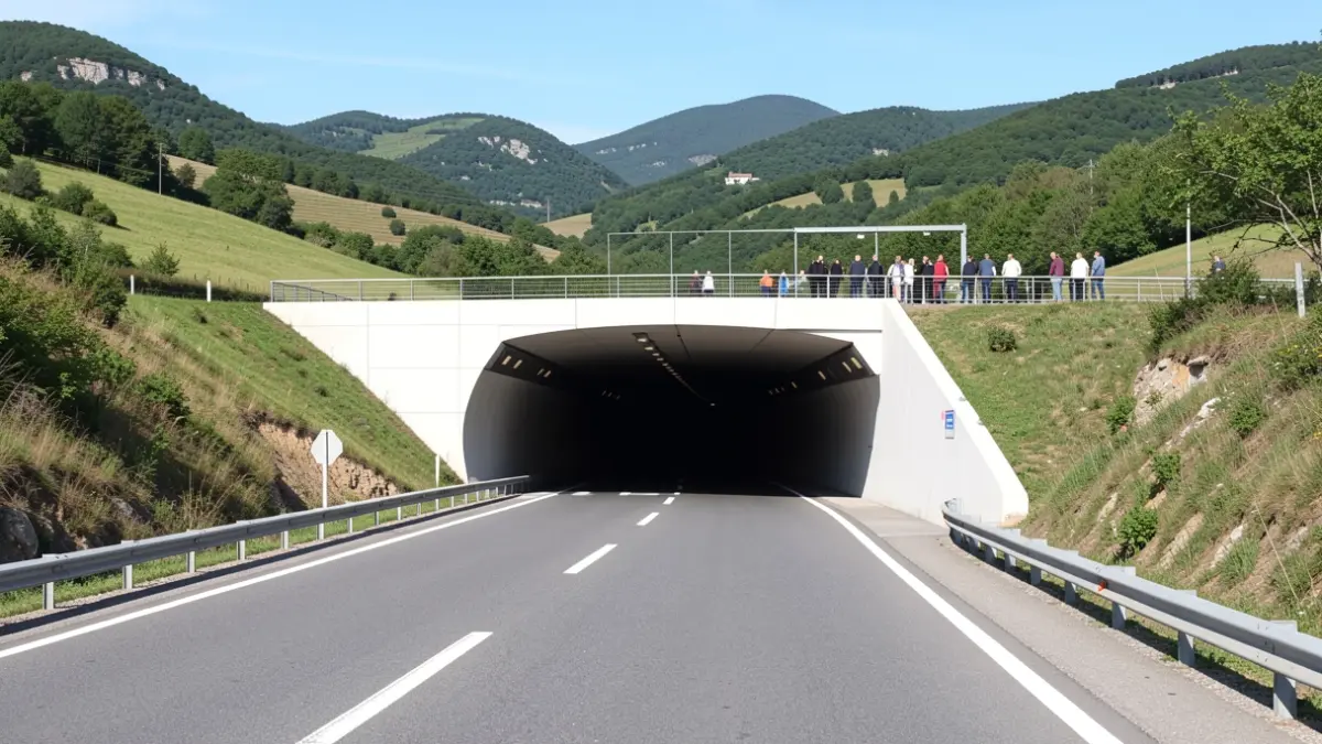 Gipuzkoako A-15 errepideko tunel baten sarrera, mendi berdeak atzealdean dituela.