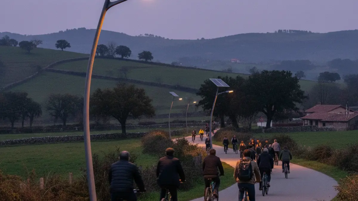 Generic image of a solar street light illuminating a cycling path at dusk.