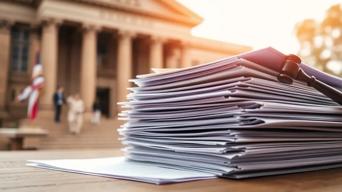 Generic image of stacks of documents on a desk, with a blurred courthouse facade in the background.
