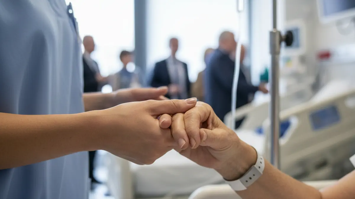A nurse's hands holding a patient's hands, conveying care and professionalism.