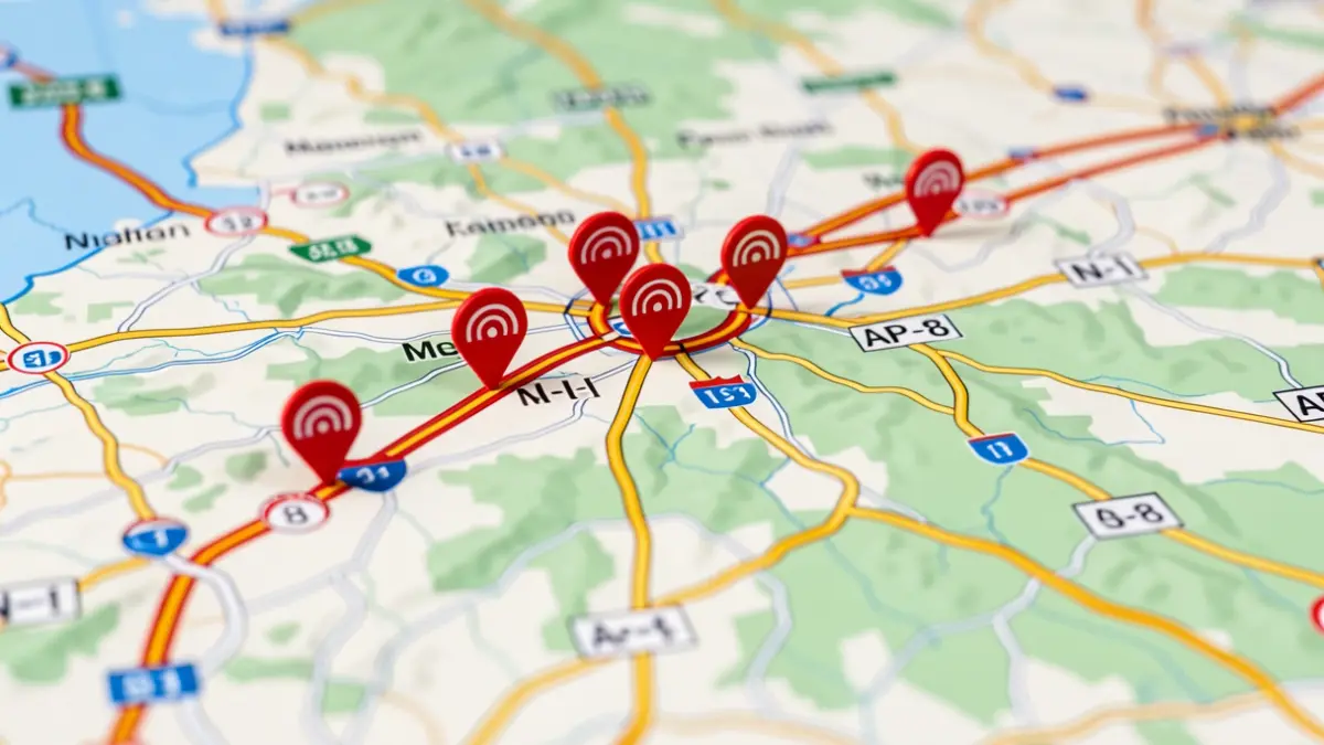 Generic image of a map showing a route with radar icons.