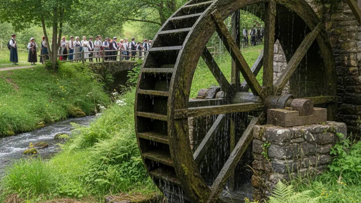 Generic image: a traditional water mill wheel, made of dark wood, with water flowing over it, in a green natural environment in the Basque Country.