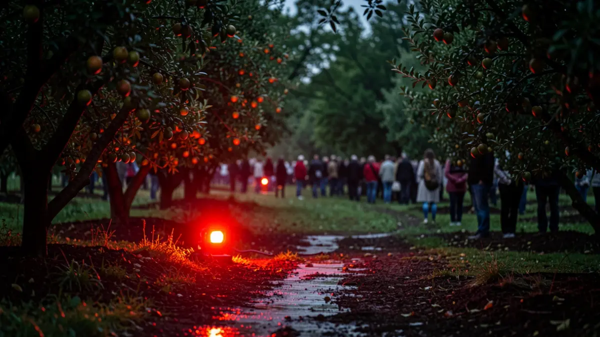 Irudi generikoa: Ilunabarrean, landare artean, argi gorri bat.