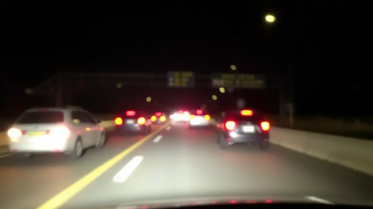 Generic image of a border crossing at night, with faint lights and a sense of movement.