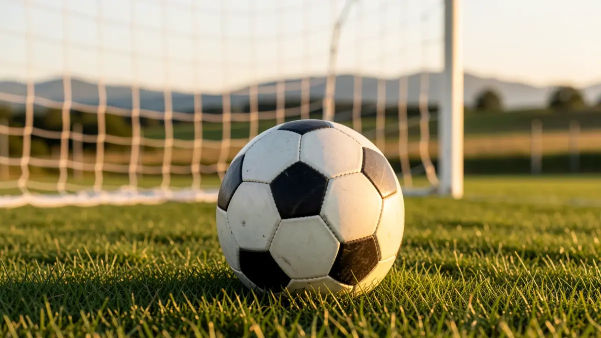 Futbol pilota belar gainean, ate sareta lausotuta atzealdean.