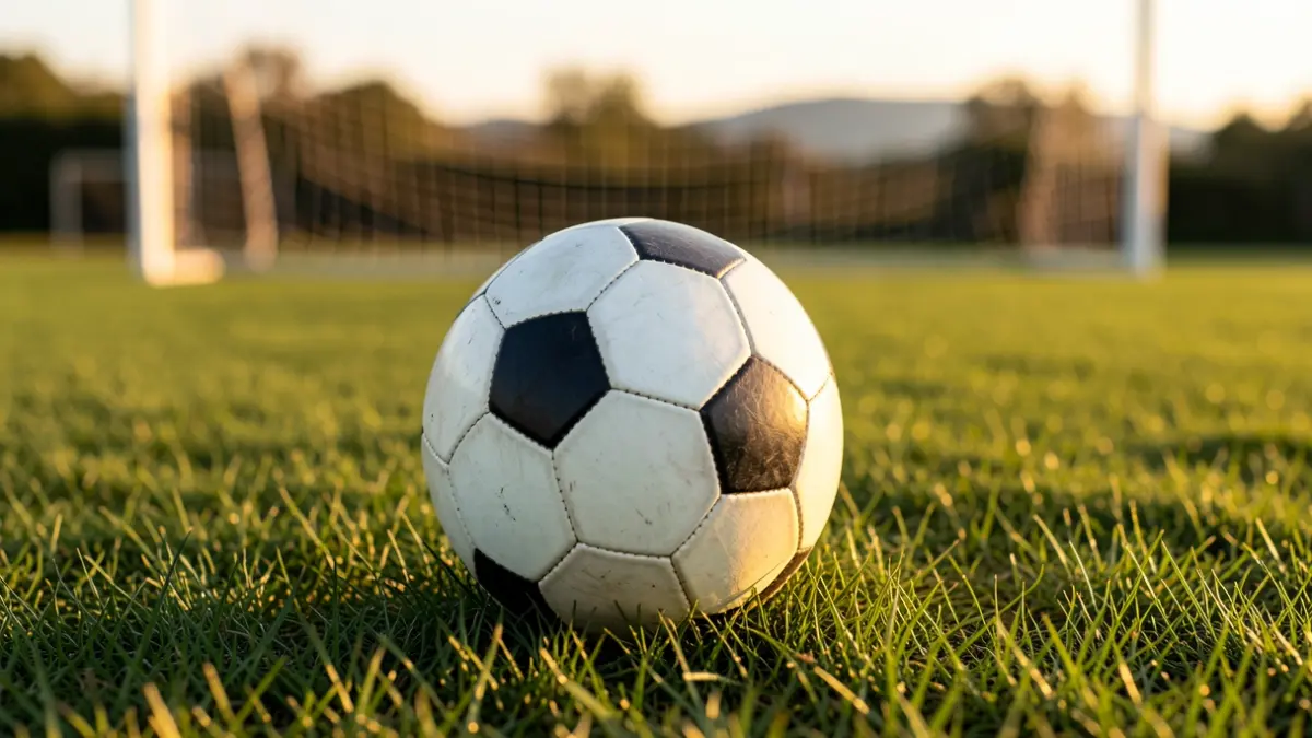 Futbol pilota belar gainean, sareta lausotuta atzealdean.