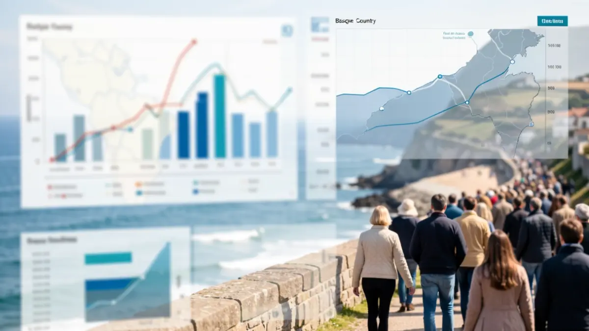 Abstract representation of data analysis and tourism trends in the Basque Country, with subtle coastal elements.
