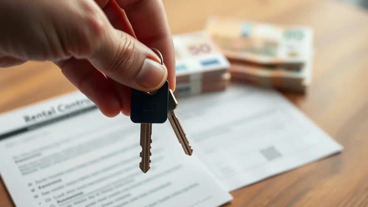 Generic image of a hand holding a house key, with a blurred background showing a stack of euro banknotes and a rental contract.