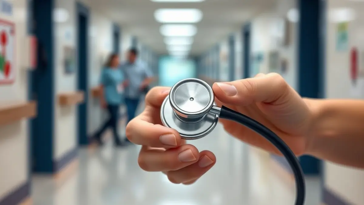 A medical professional's hands holding a stethoscope, with a blurred hospital corridor in the background.