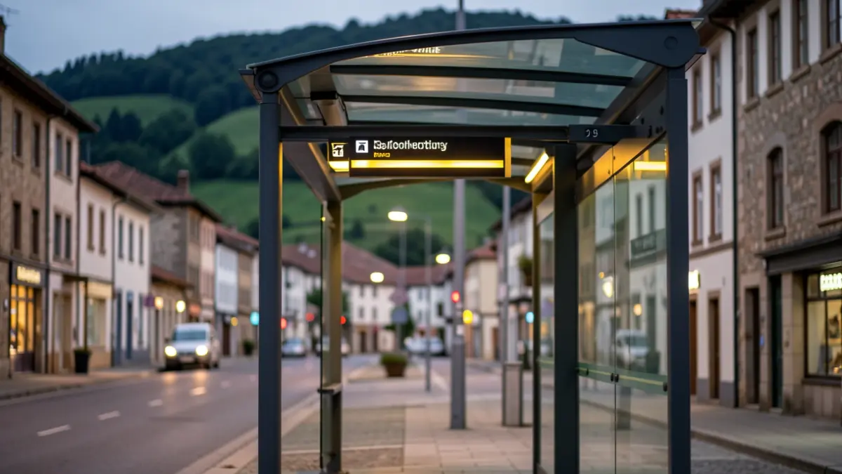 Irudi generiko bat autobus geraleku moderno batena, ilunabarrean argiztatua, Euskal Herriko herri bateko kale eta muino berdeak atzealdean lausotuta.