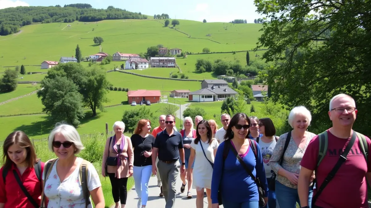 Participantes de la iniciativa Goazen Ordizia caminando hacia Goierri Eskola, en un paisaje verde de Goierri.