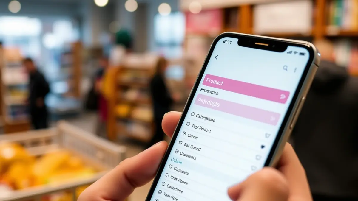 Smartphone screen displaying a shopping list, with a blurred local shop interior in the background.