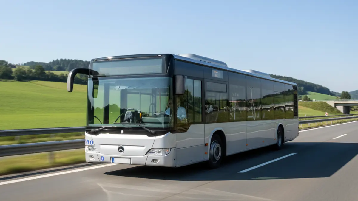 Imagen genérica: Un autobús moderno en carretera, con colinas verdes al fondo.