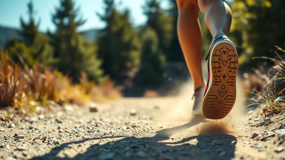 Generic image of a runner's feet in a mountain race, on a dusty trail.