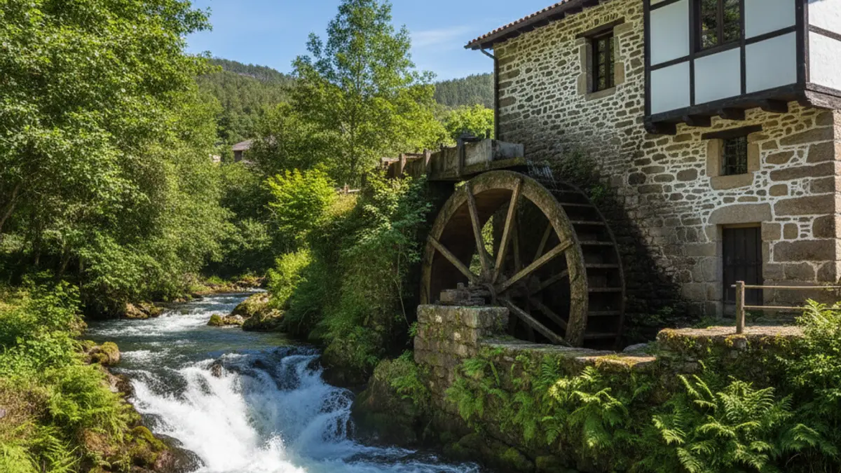 Goierriko errota tradizional baten irudia, ur-gurpil handi batekin eta ingurune naturalarekin.