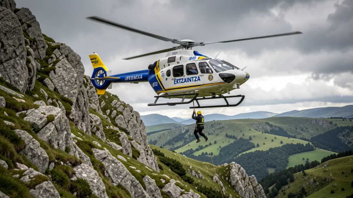 Irudia generikoa da: Ertzaintzaren erreskate helikopteroa Gorbeiako mendi-hegal harritsu batean.