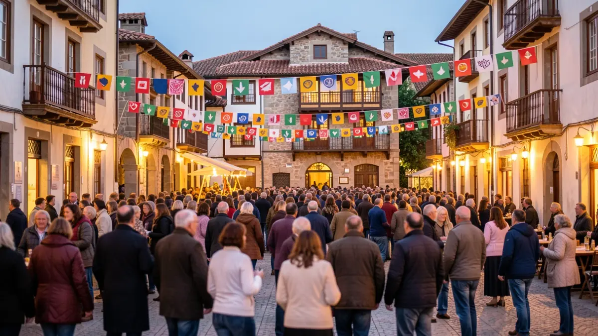 Generic image of a vibrant street scene in a Basque town square during a festival, with blurred crowds, colorful banners, and warm evening lights.