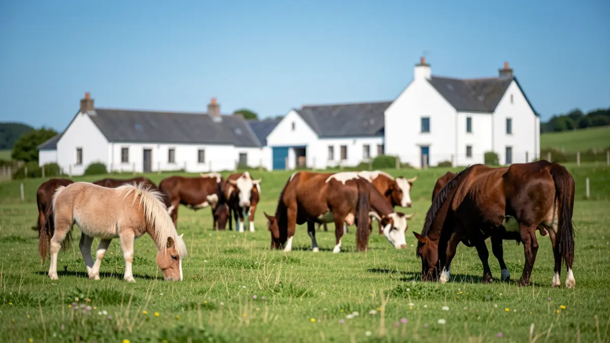 Generic image of a herd of Pottoka ponies and Pyrenean cattle grazing in a green meadow in the Basque Country.