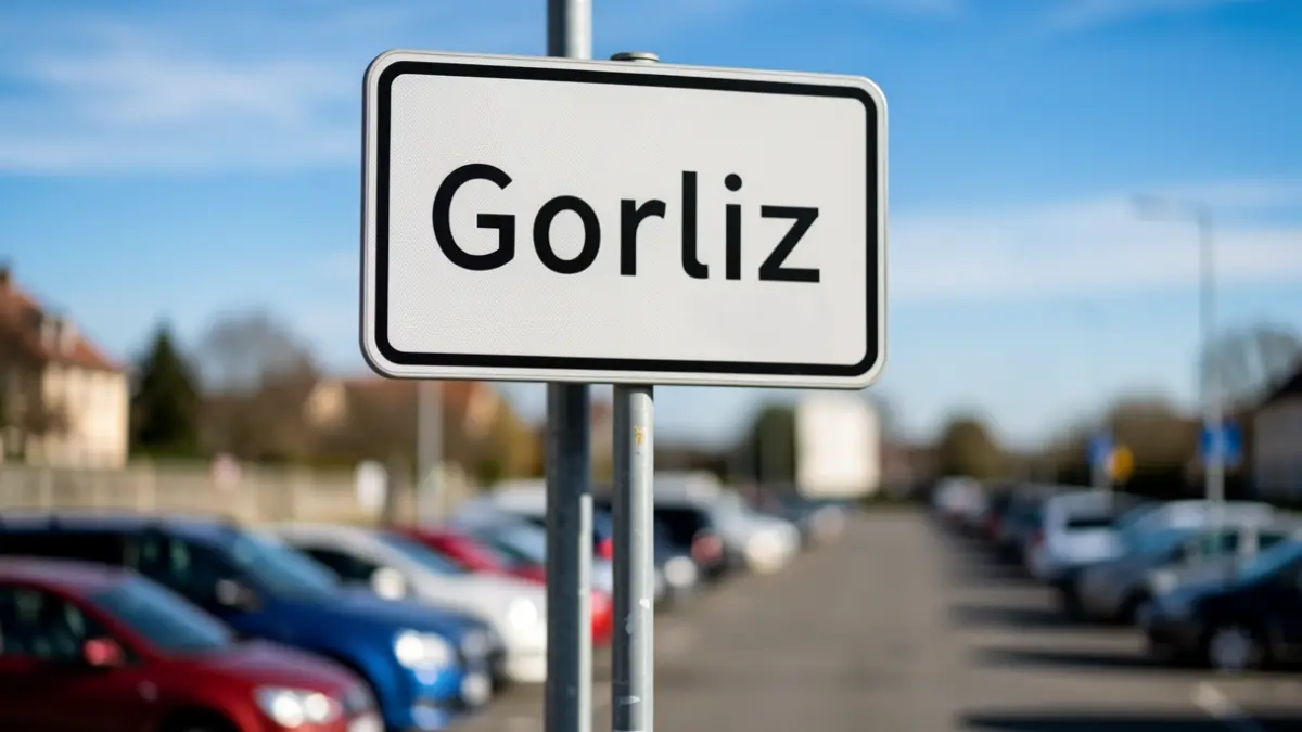 A street sign for Gorliz with a blurred background of parked cars and a blue sky, indicating a parking regulation zone.
