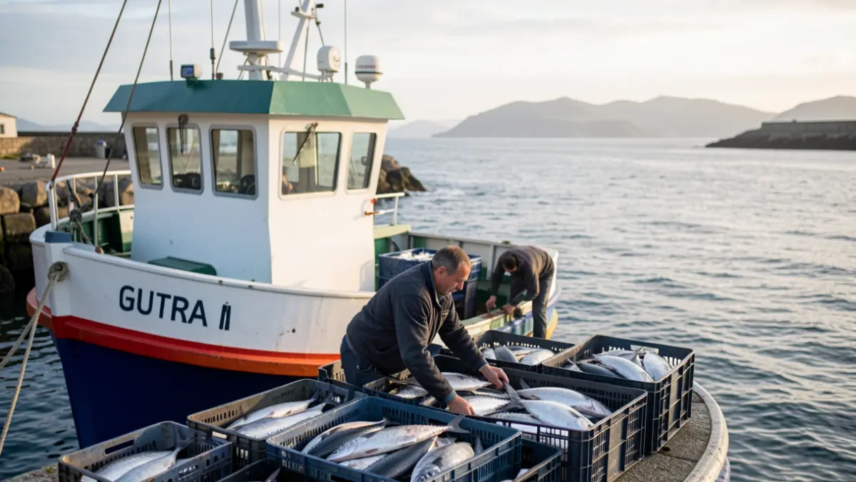 The fishing boat 'Gure Fátima' from Bermeo unloading bonito in a Galician port.