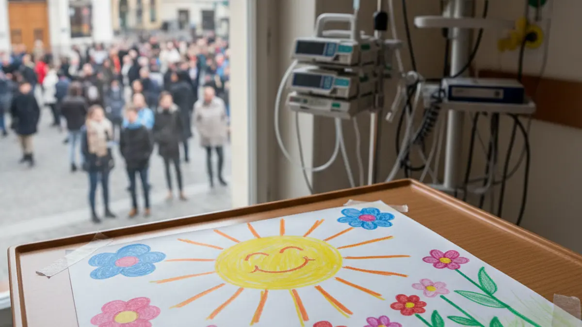A child's drawing next to a hospital bed, conveying hope and comfort.