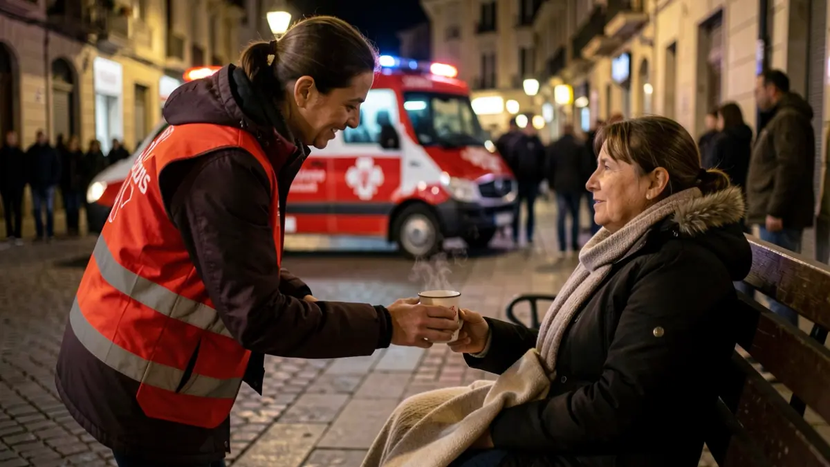 Gau batean Vitoria-Gasteiz kaleko eserleku batean esertzen den pertsona bati edari bero bat eta manta bat ematen dion Gurutze Gorriko boluntario bat, atzealdean lausotuta dagoen Gurutze Gorriko furgoneta gorri-zuri bat duela. Interakzioan eta zaintza giroan zentratu.
