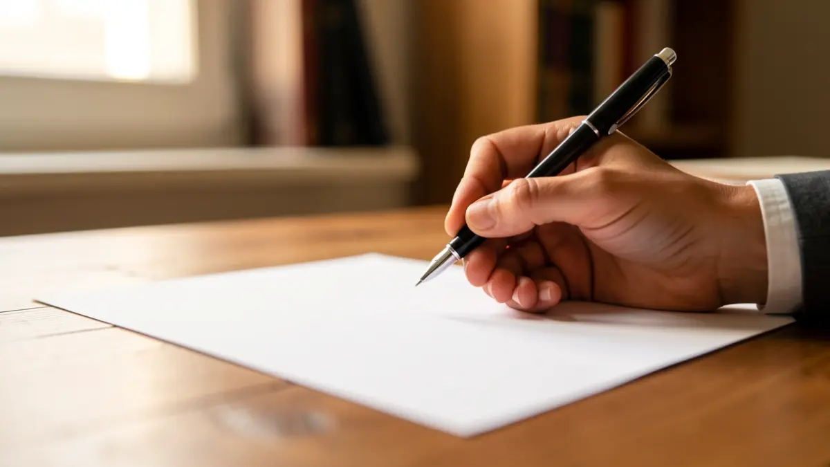 Close-up of a hand holding a pen over blank paper on a desk. Warm lighting.