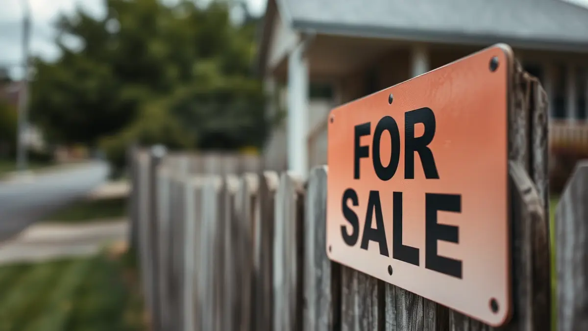 Generic image: A 'For Sale' sign on a wooden fence in front of a house, with blurred green foliage and a hint of a street in the background.