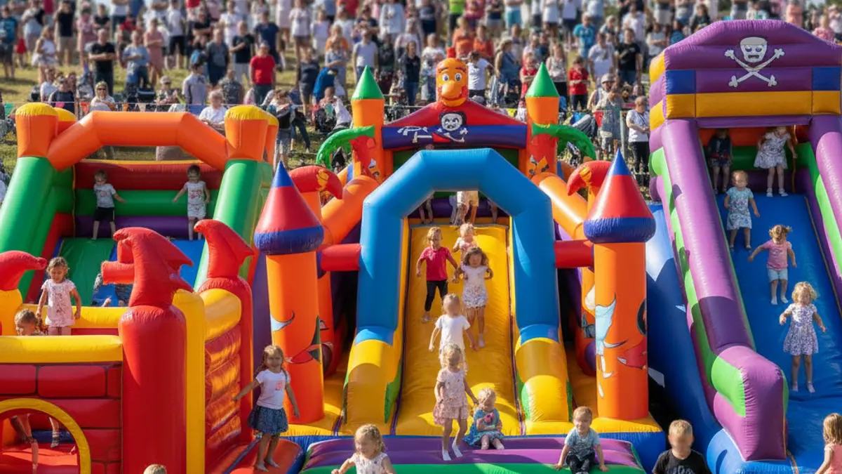 Children playing on bouncy castles in a festive atmosphere.