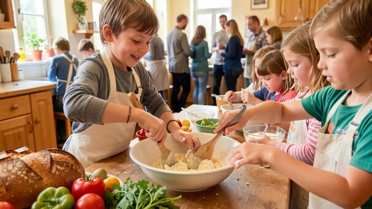 Haurren eskuak sukaldaritza tailerrean, produktu freskoekin.