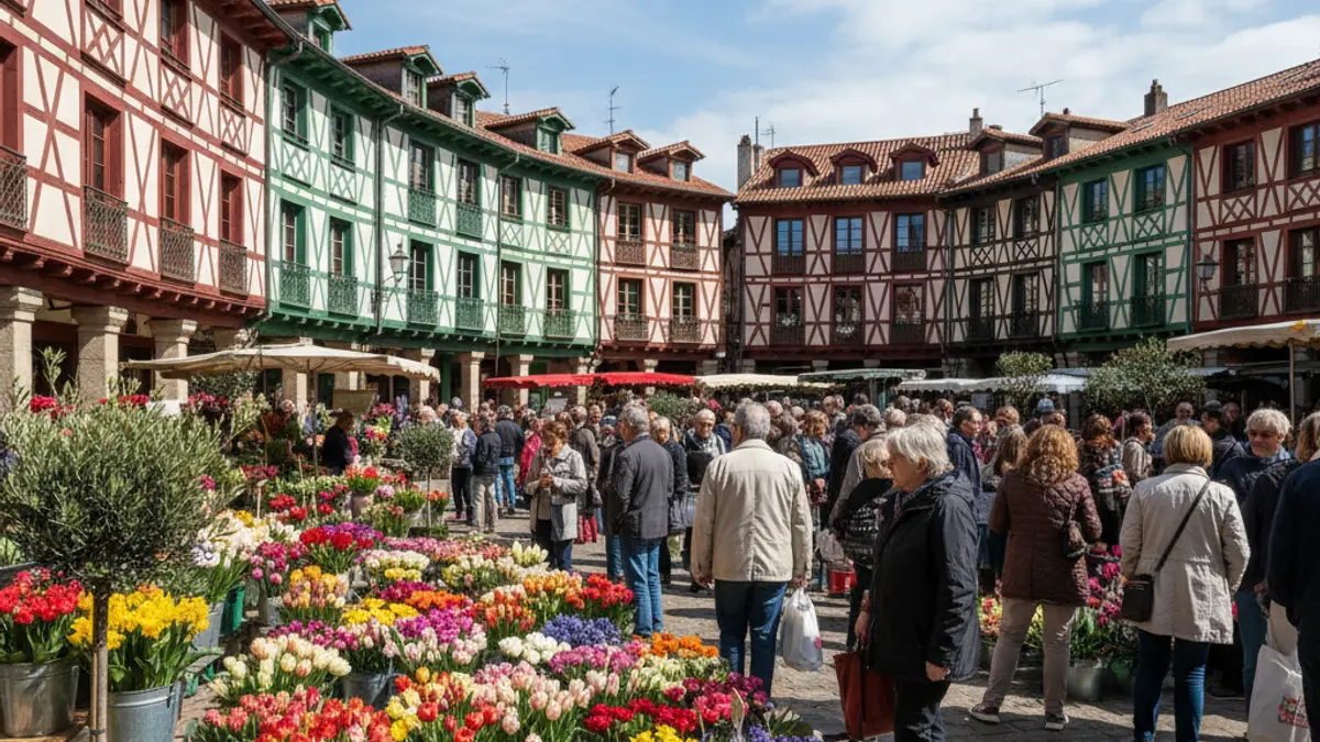 General image of a flower and plant fair in Hernani, with colorful stalls and people.