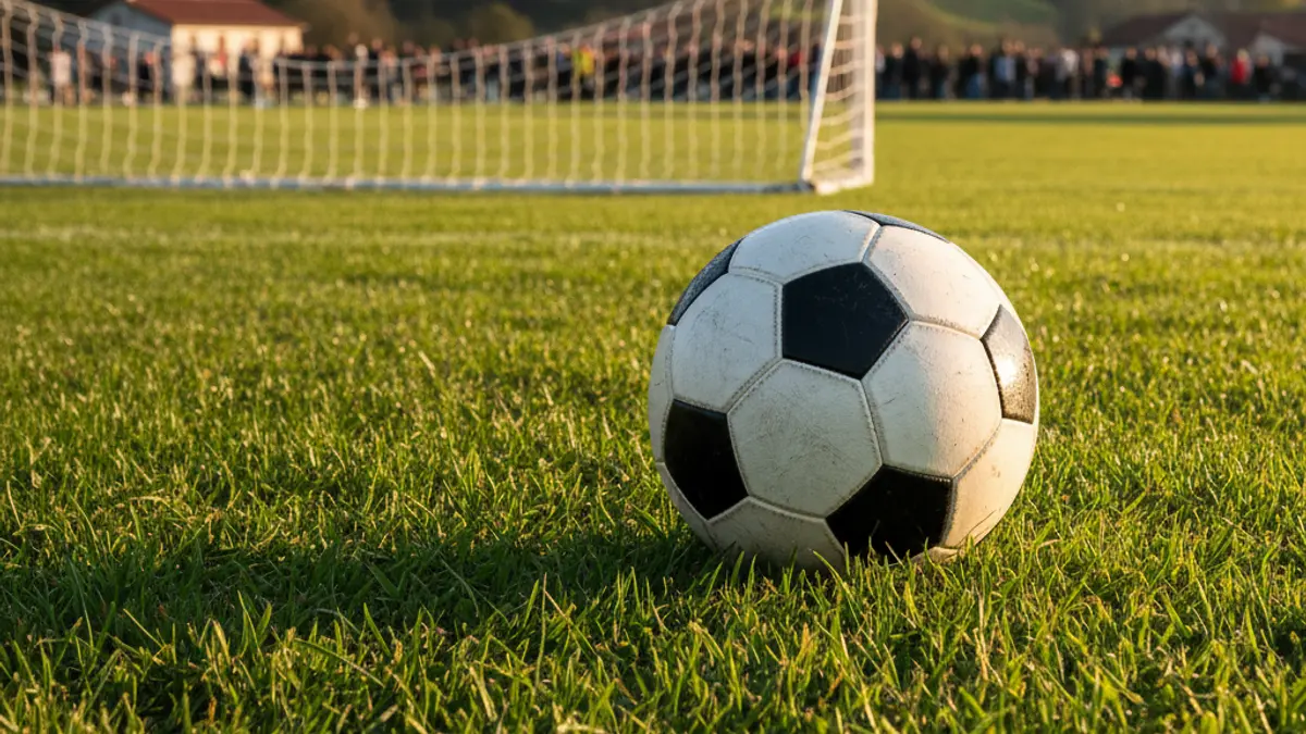Generic image of a soccer ball on grass, with a blurred goal in the background.