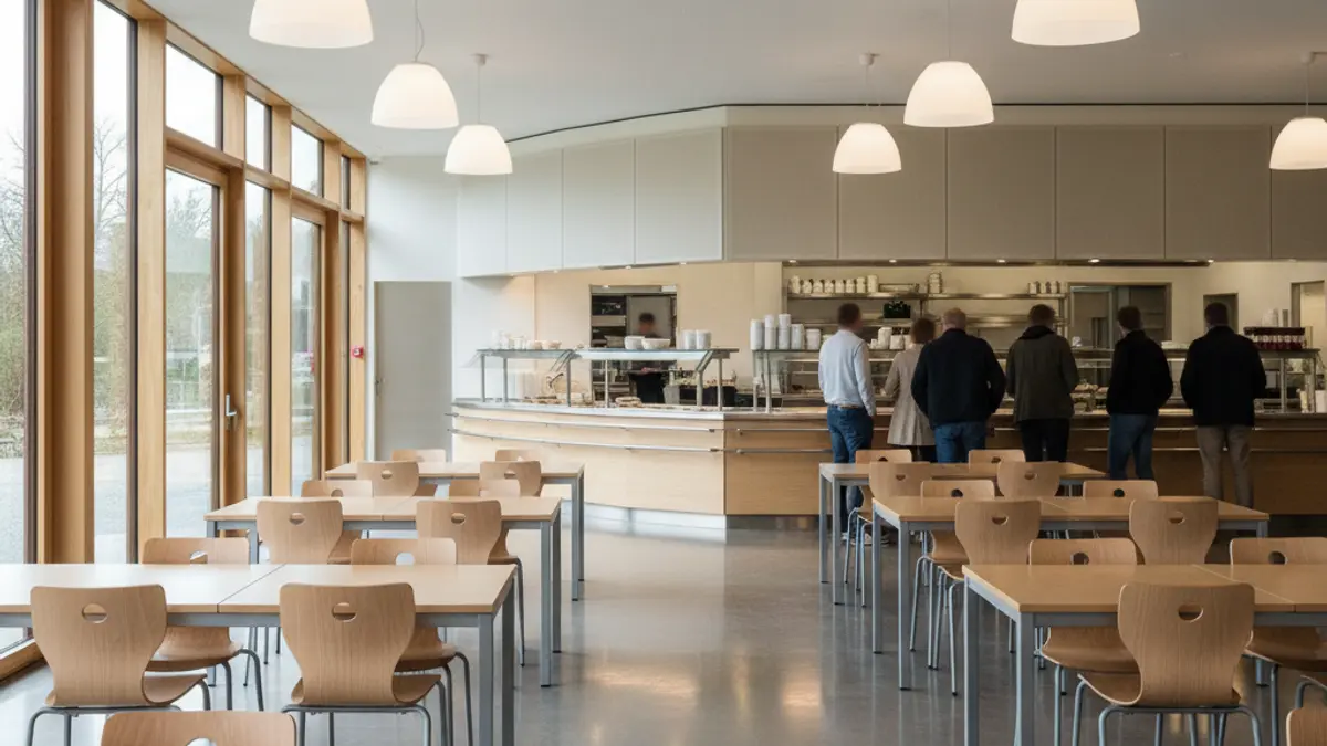 Generic image of a school canteen in Hernani, with natural light and empty tables.