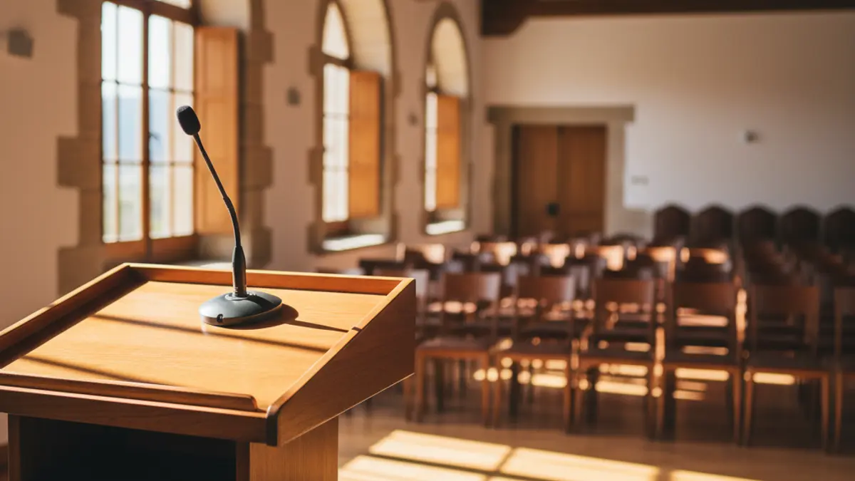 Generic image of a microphone on a podium in a lecture hall, with empty chairs in the background.
