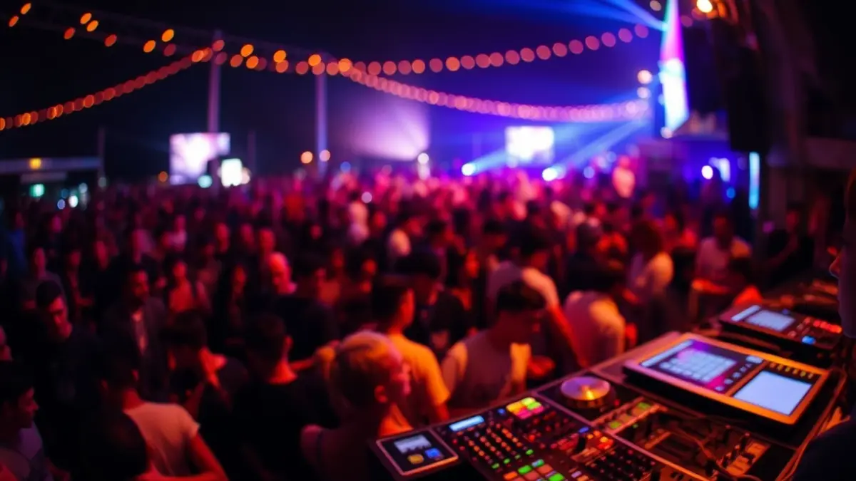 Generic image showing the vibrant atmosphere of an electronic music festival, with blurred lights and people enjoying.