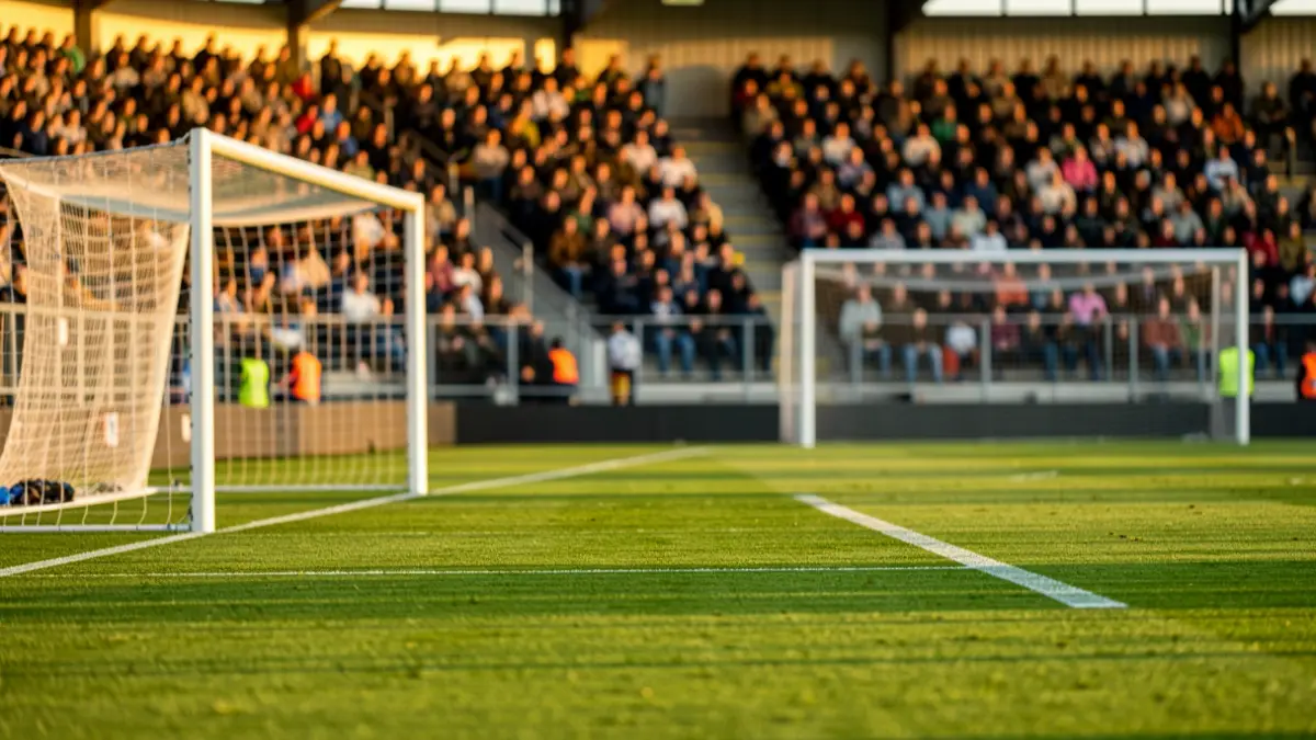 Futbol zelai bat eguerdiko argitan, harmailak lausotuta.