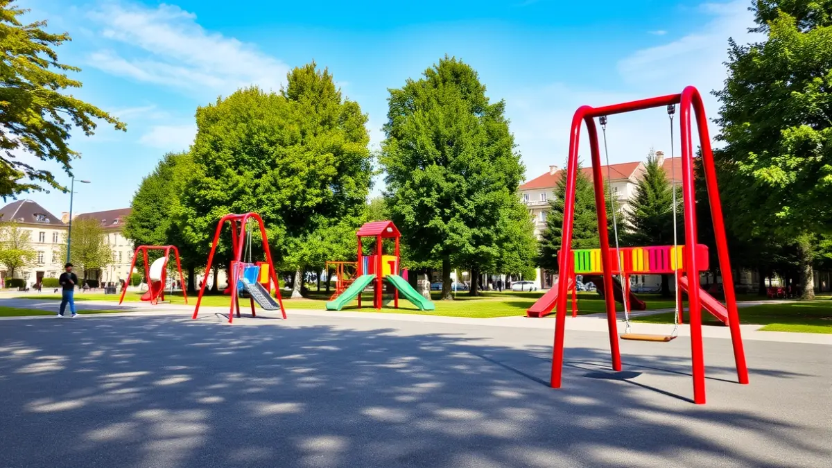 Children's playground in a park in Hondarribia, with colorful swings and slides.