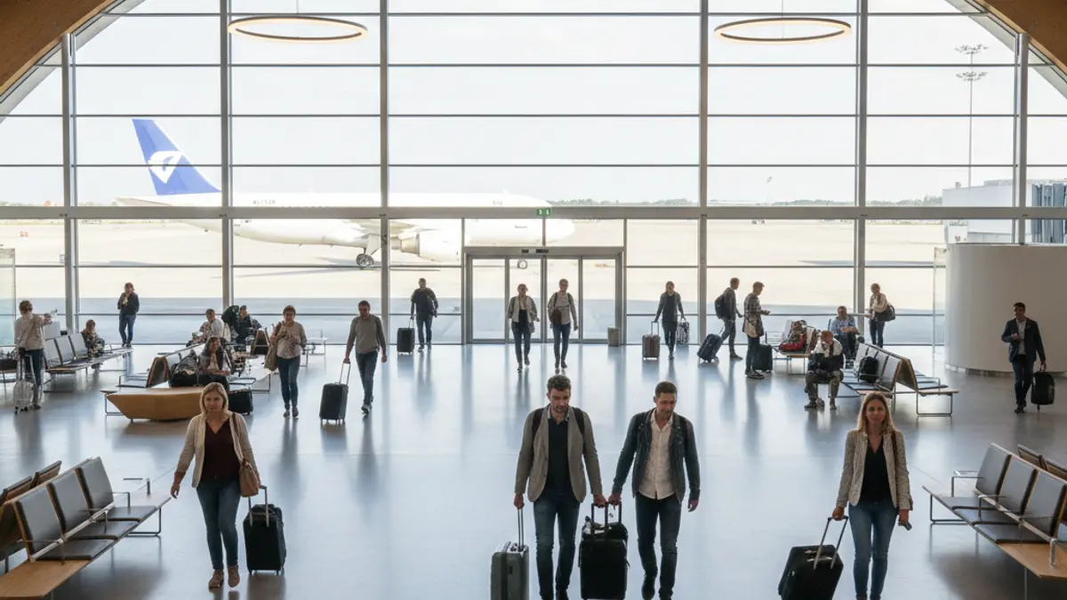 Imagen genérica del interior de una terminal de aeropuerto moderna, con pasajeros y un avión al fondo.