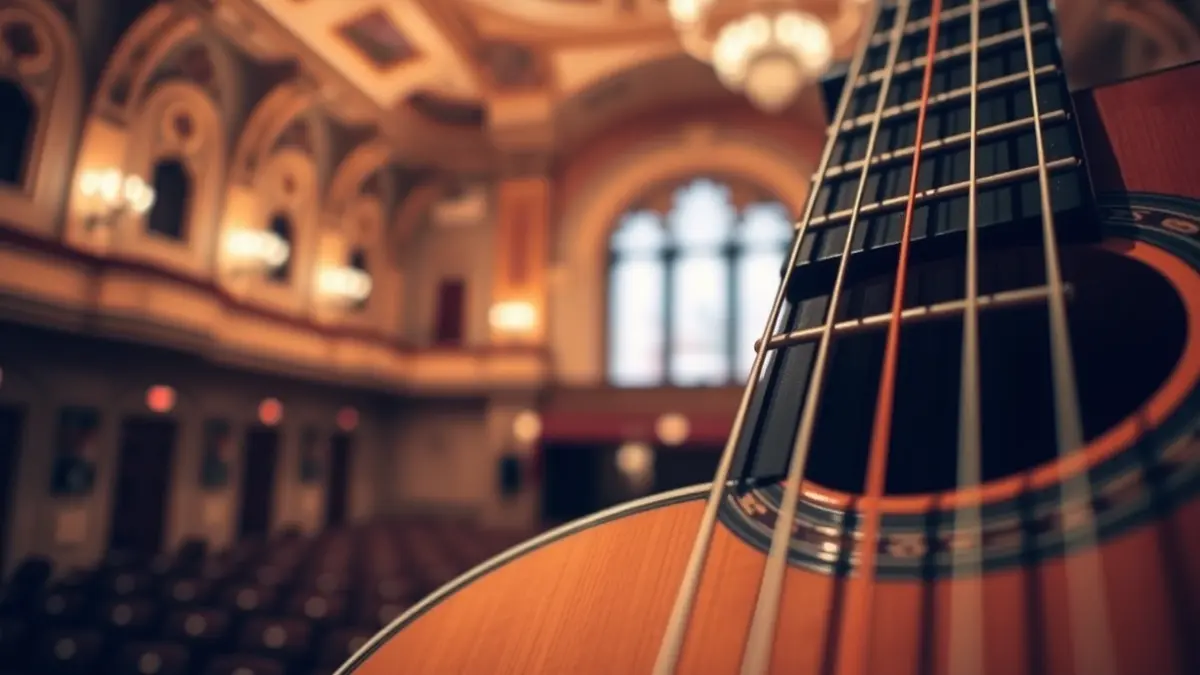 Imagen genérica del mástil y las cuerdas de una guitarra clásica, con un fondo borroso de una elegante sala de conciertos.