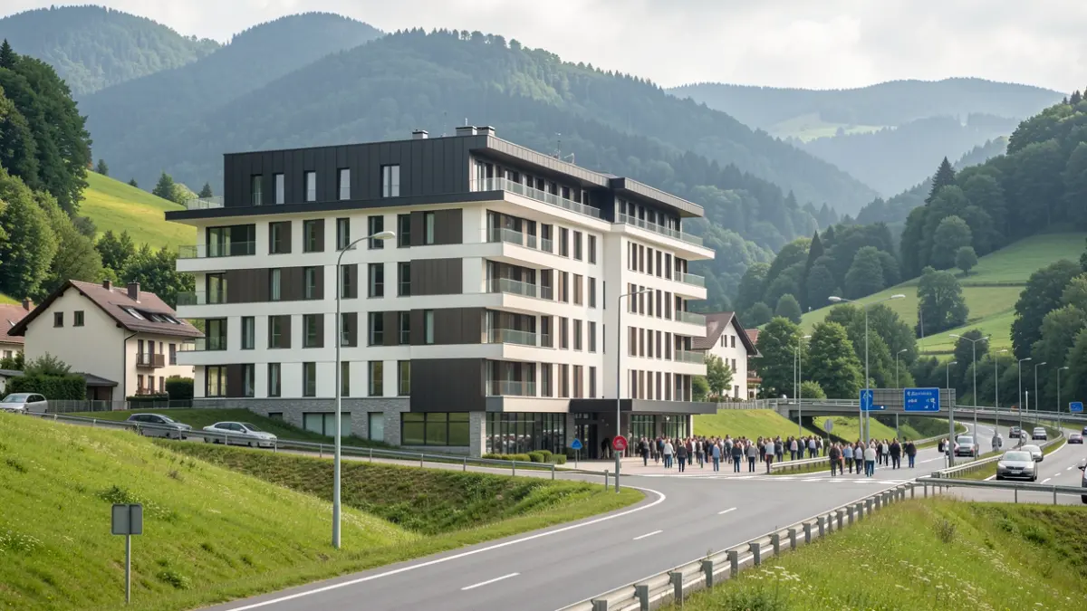 Exterior de un nuevo hotel situado en un polígono industrial cerca de Zumaia.