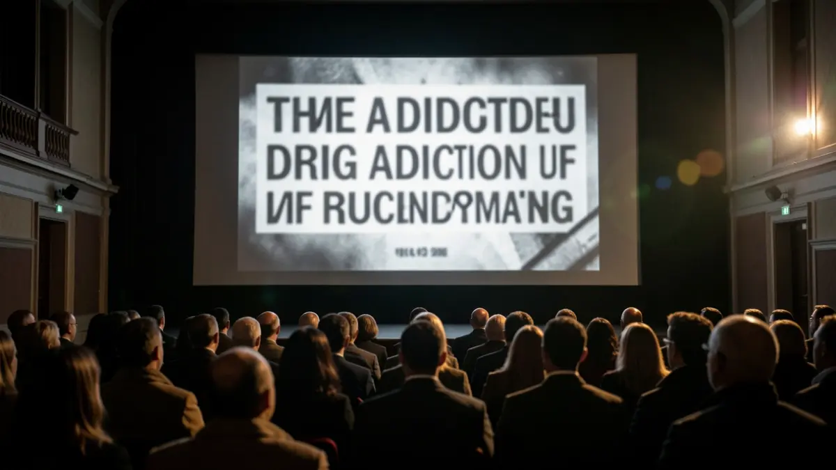 Dokumental baten hasierako pantaila, argi gutxirekin eta testu lausoarekin, drogen menpekotasunari buruzko hausnarketa historikoa islatuz.