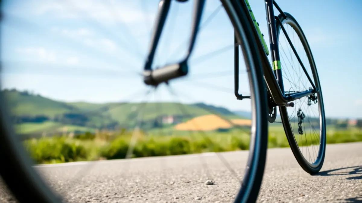 Imagen genérica de la rueda de una bicicleta en una carretera, con colinas verdes y un paisaje rural difuminado al fondo.