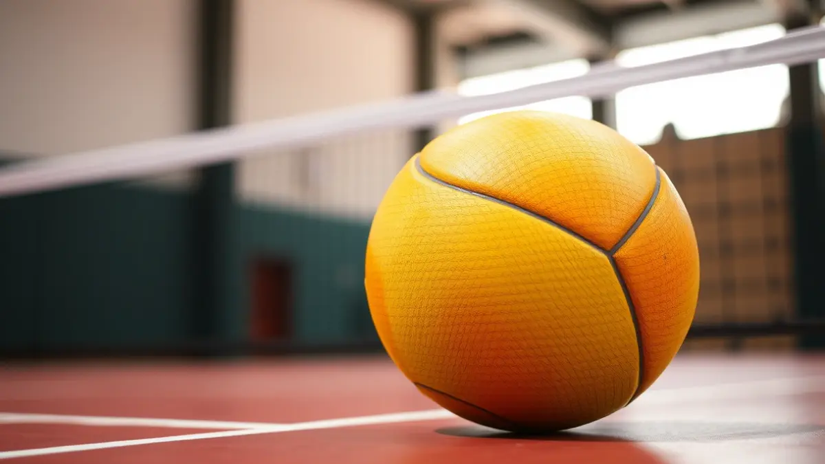 Generic image of a cesta punta ball on the court, with a blurred fronton in the background.