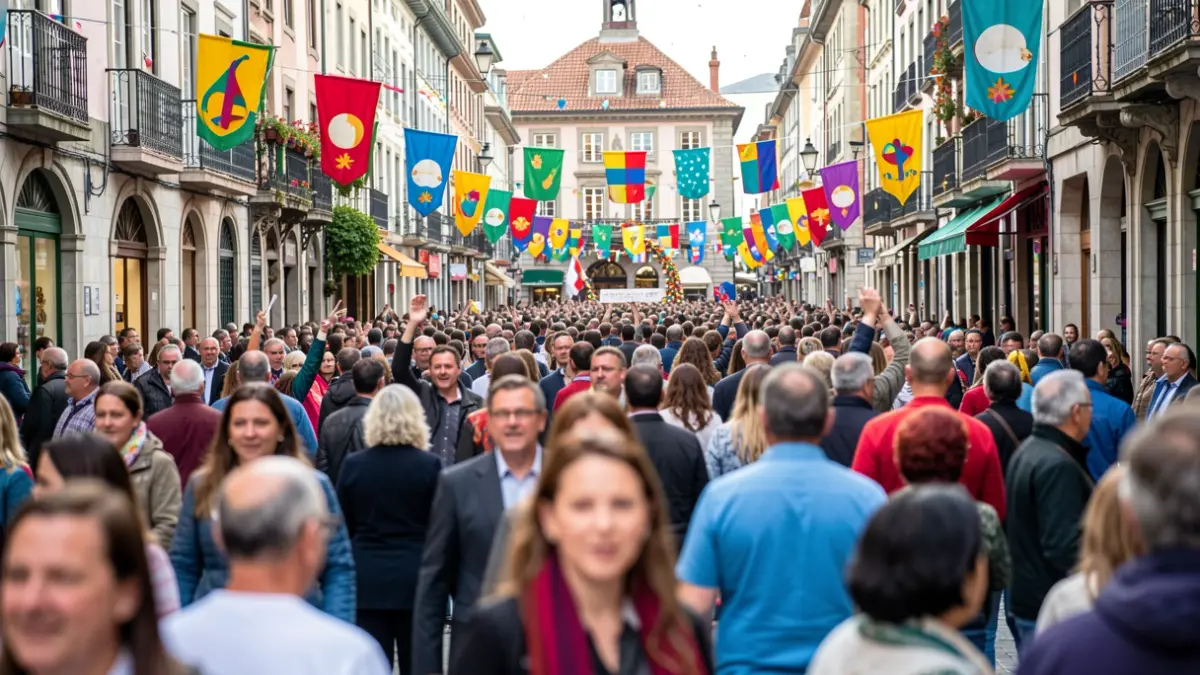 Imagen genérica: multitud bulliciosa y colorida celebrando el Ibilaldia, frente a arquitectura tradicional.