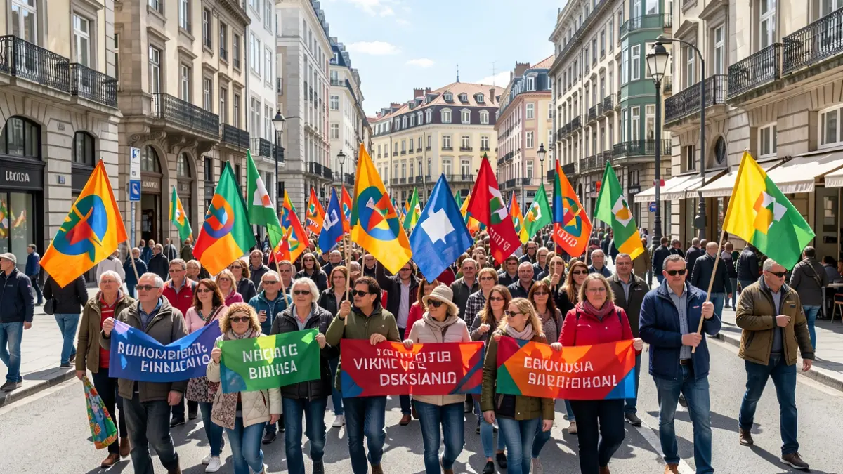 Imagen genérica: multitud de personas con pancartas y banderas en las calles de Bilbao, ambiente festivo y de celebración.