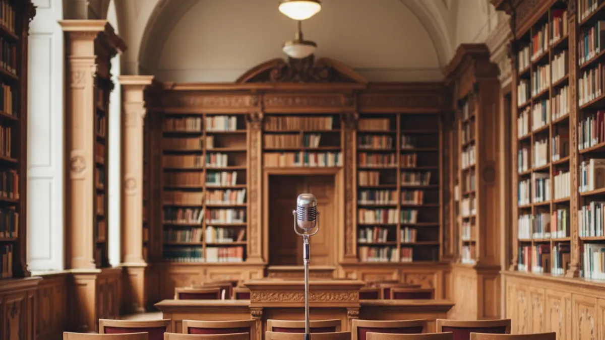 Interior of a library with wooden bookshelves and a microphone, creating a cozy reading atmosphere.