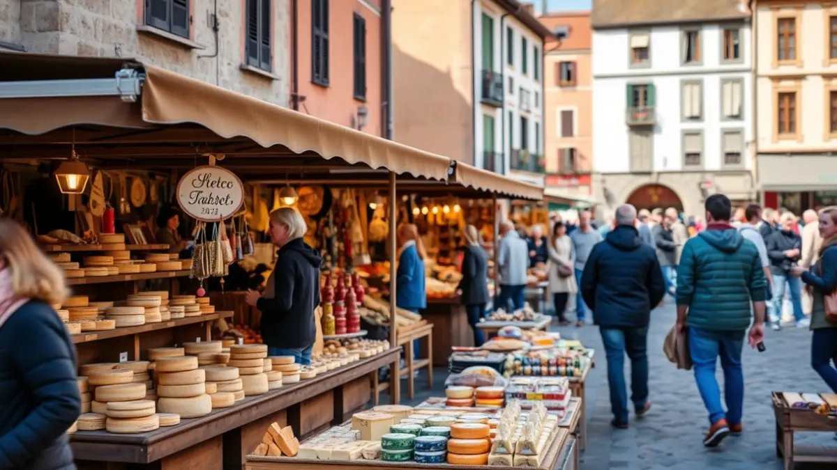 Generic image of a cheese fair in Idiazabal, with artisan stalls and people.